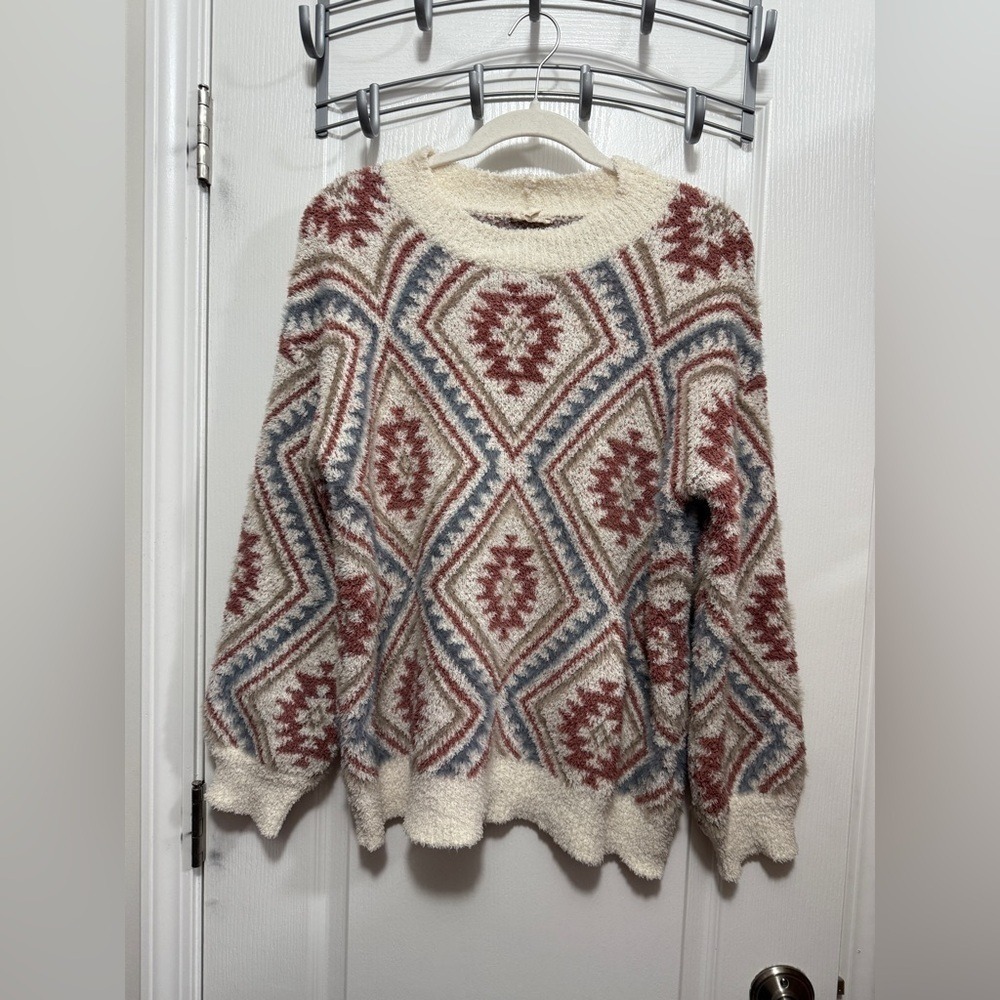 Hem & Thread pullover fleece sweater women's M argyle cozy soft cream western